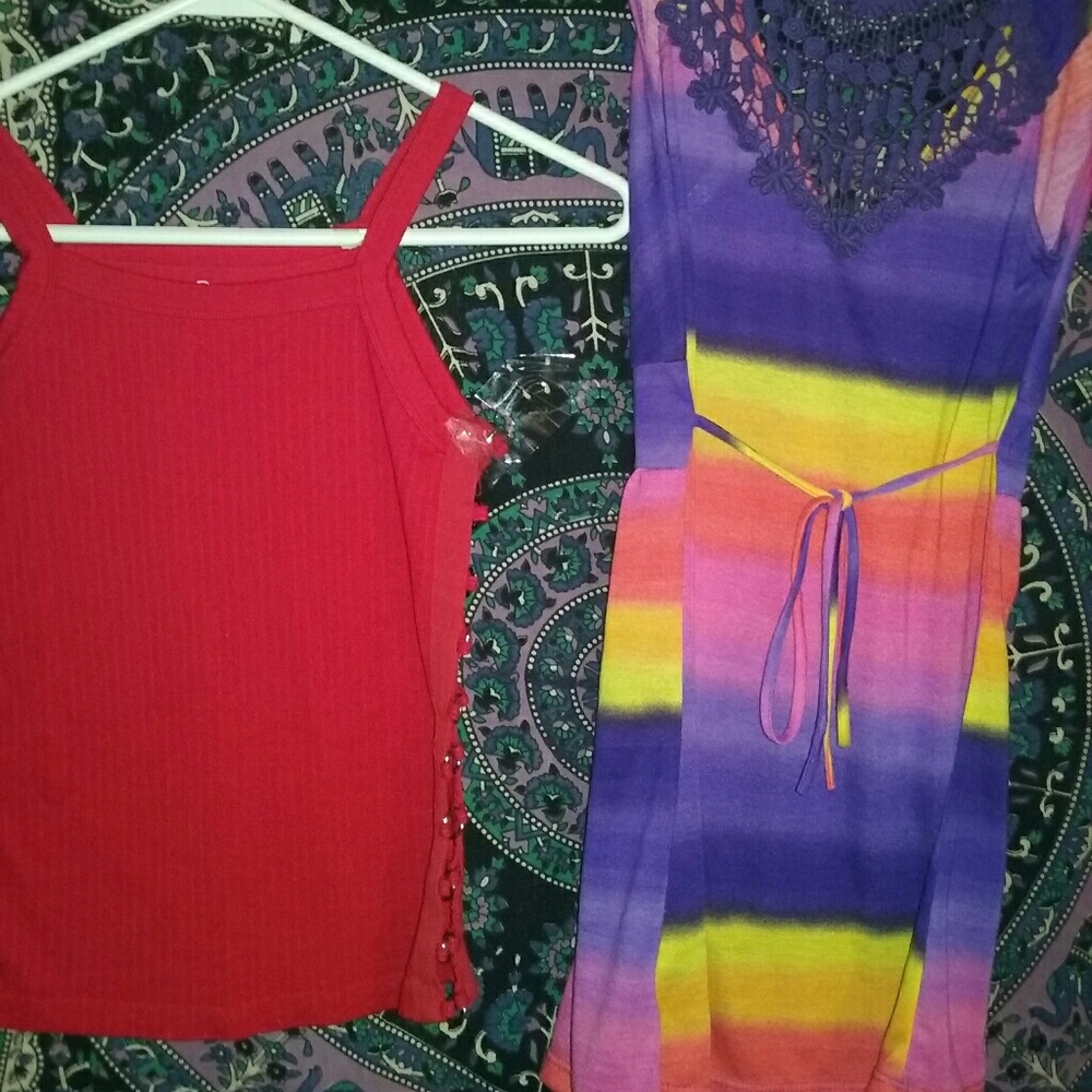 Rainbow Crochet Back Tank & Red Ribbed Tank Bundle